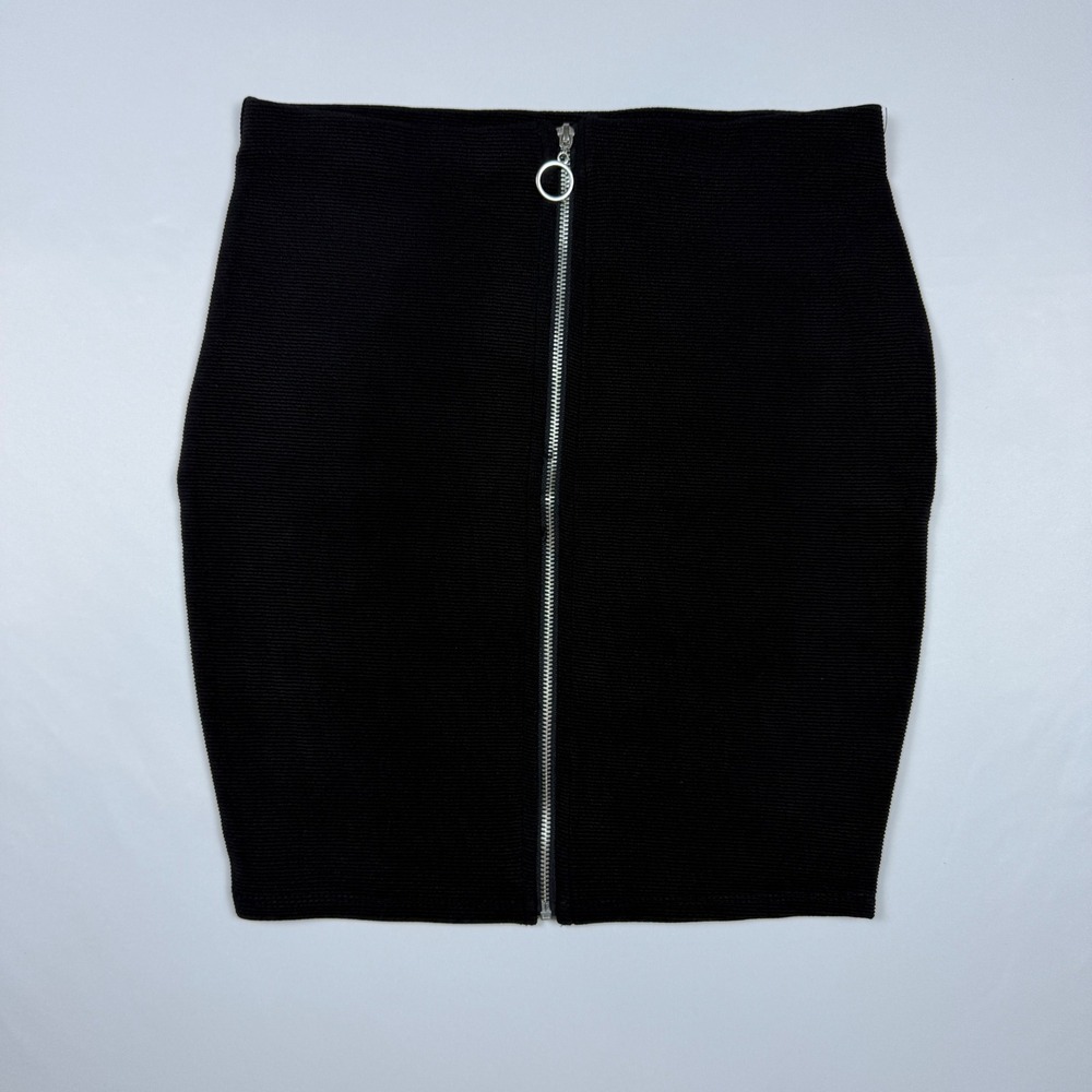 Bozzolo Womens Black Ribbed Bodycon‎ Mini Skirt Full Front O-Ring Zipper Small